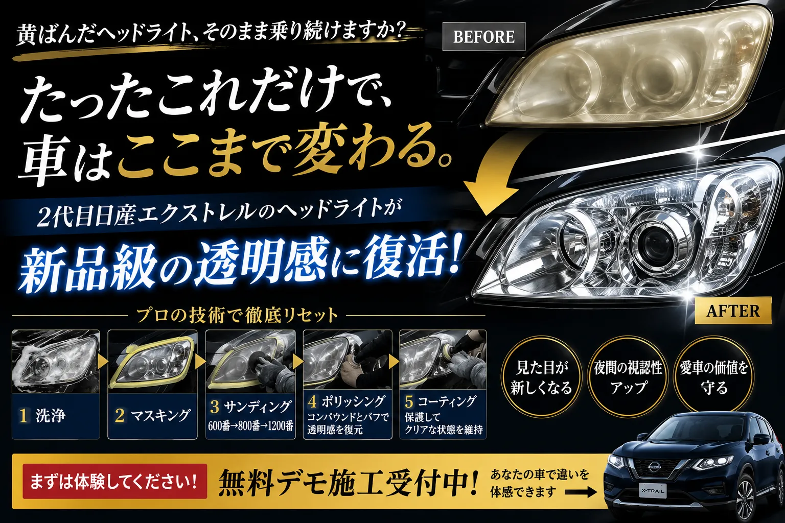 ヘッドライト黄ばみ除去｜新品のような透明感に復活【無料デモ施工あり】
